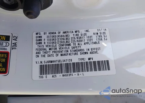 2014 Honda Cr-V Ex-L from USA, damaged, VIN 5J6RM4H75EL047139